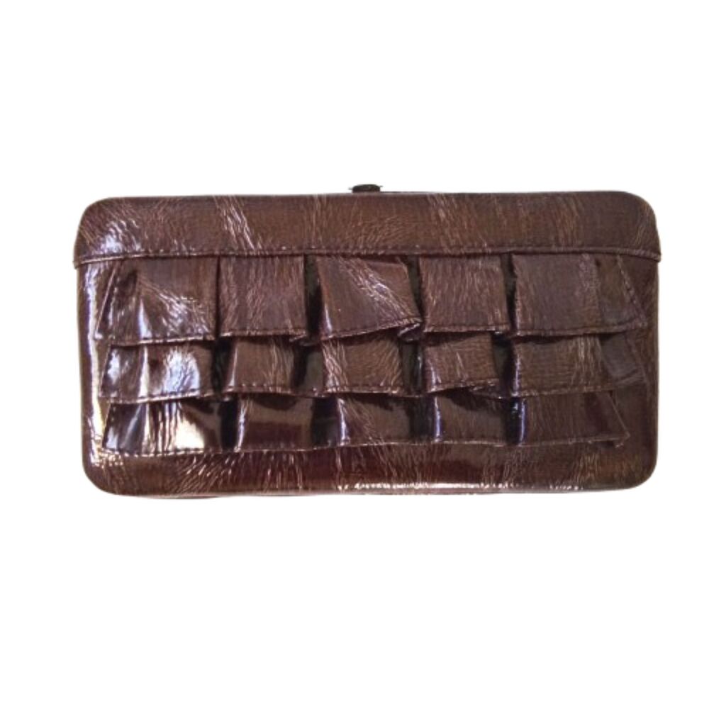 Vintage Womens Patent Faux Leather Tiered Ruffle Framed Clutch Wallet Brown